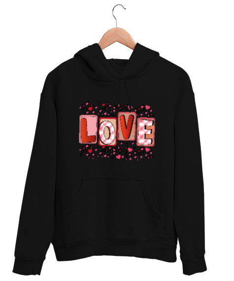 Tisho - Love Siyah Sevgililer Günü Tasarım Siyah Unisex Kapşonlu Sweatshirt