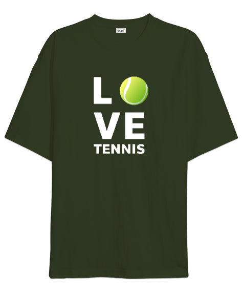 Tisho - Love Tennis - Tenis Oynamayı Seviyorum Haki Yeşili Oversize Unisex Tişört
