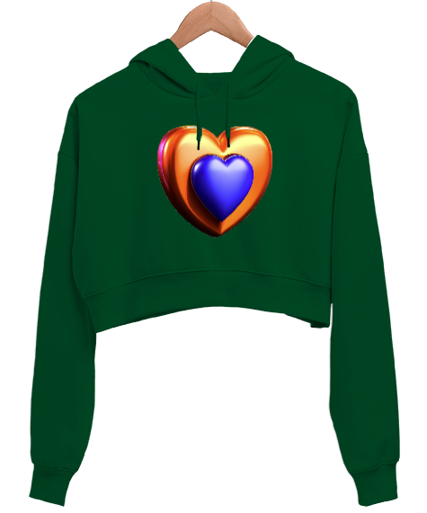 Tisho - LOVE WİTH HEART Çimen Yeşili Kadın Crop Hoodie Kapüşonlu Sweatshirt