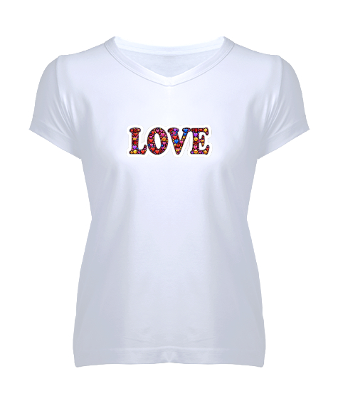 Tisho - Love Yazı Baskılı Beyaz Kadın V Yaka Tişört