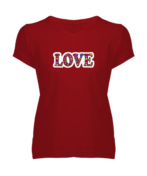 Tisho - Love Yazı Baskılı Kırmızı Kadın V Yaka Tişört