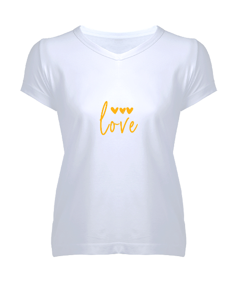Tisho - love yazılı Beyaz Kadın V Yaka Tişört
