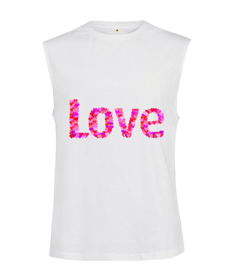 Tisho - Love Yazılı Beyaz Kolsuz Tişört Kesik Kol Unisex Tişört