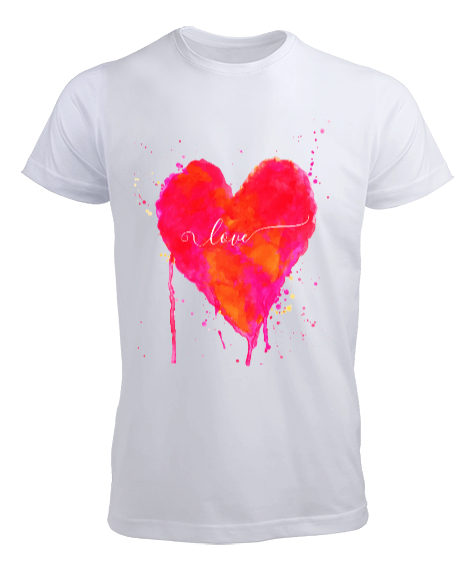 Tisho - Love yazılı Kalp Suluboya Tasarım Baskılı Beyaz Erkek Tişört