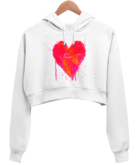 Tisho - Love yazılı Kalp Suluboya Tasarım Baskılı Beyaz Kadın Crop Hoodie Kapüşonlu Sweatshirt