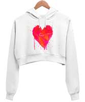 Love yazılı Kalp Suluboya Tasarım Baskılı Beyaz Kadın Crop Hoodie Kapüşonlu Sweatshirt - Tisho