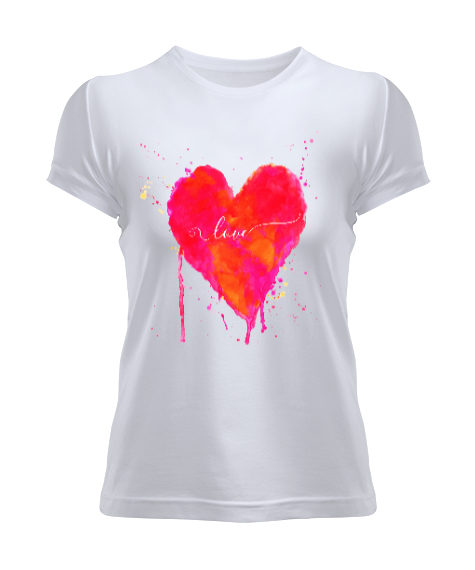 Tisho - Love yazılı Kalp Suluboya Tasarım Baskılı Beyaz Kadın Tişört