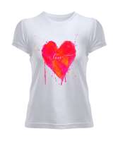 Love yazılı Kalp Suluboya Tasarım Baskılı Beyaz Kadın Tişört - Tisho