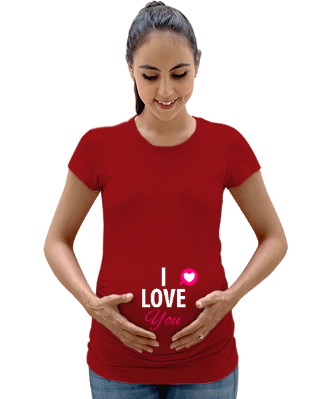 Tisho - LOVE YOU BASKILI Kırmızı Kadın Hamile Tişört