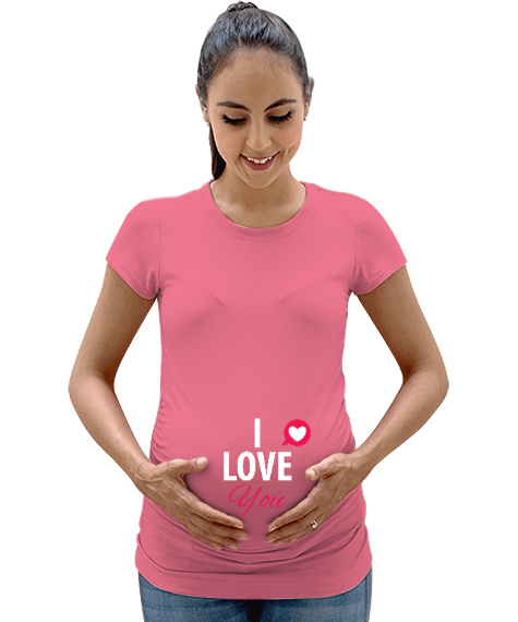 Tisho - LOVE YOU BASKILI Pembe Kadın Hamile Tişört