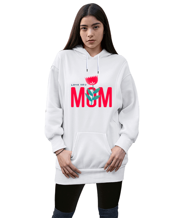 Tisho - Love You Mom Kadın Uzun Hoodie Kapüşonlu Sweatshirt