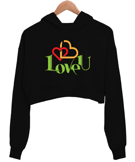 Tisho - Love You Siyah Kadın Crop Hoodie Kapüşonlu Sweatshirt