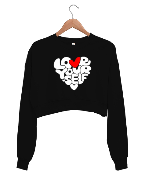 Tisho - Love Your Self - Kendini Sev Siyah Kadın Crop Sweatshirt