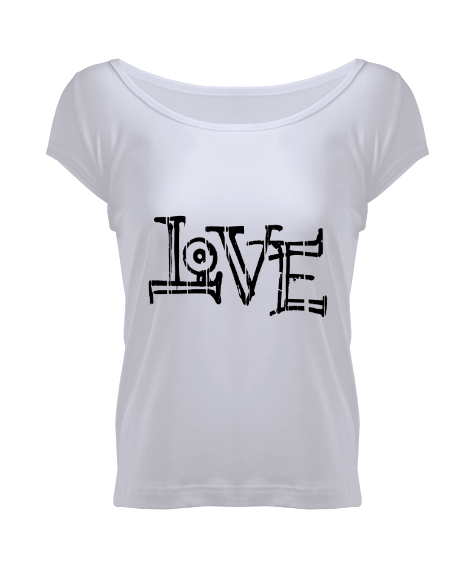 Tisho - Love Yzılı Geniş Yaka kadın Tişört Kadın Geniş Yaka Tişört