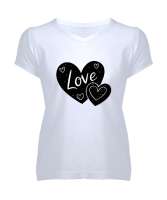 LOVELİ KALP Beyaz Kadın V Yaka Tişört - Tisho