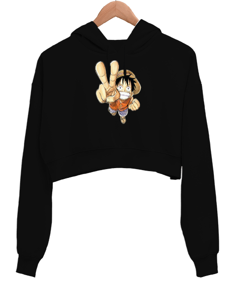 Tisho - Luffy Siyah Kadın Crop Hoodie Kapüşonlu Sweatshirt