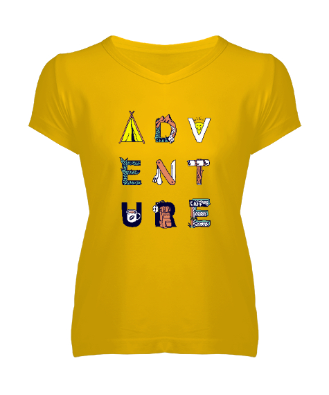 Tisho - Macera - Kamp - Adventure Sarı Kadın V Yaka Tişört