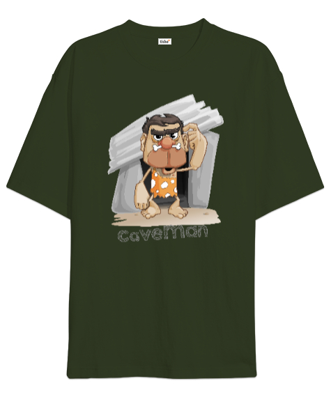Tisho - Mağara Adamı - Caveman Haki Yeşili Oversize Unisex Tişört