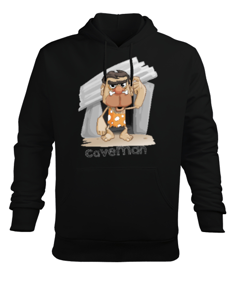 Tisho - Mağara Adamı - Caveman Siyah Erkek Kapüşonlu Hoodie Sweatshirt