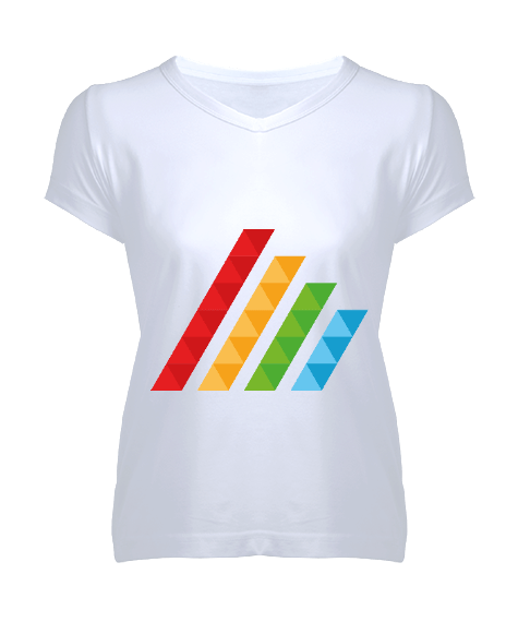 Tisho - MAHT Design Colorful Polygon Hatch Beyaz Kadın V Yaka Tişört