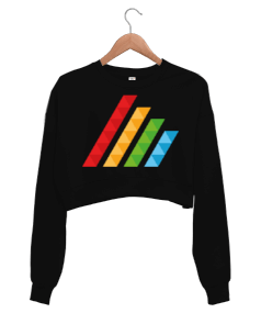 Tisho - MAHT Design Colorful Polygon Hatch Crop Siyah Kadın Crop Sweatshirt
