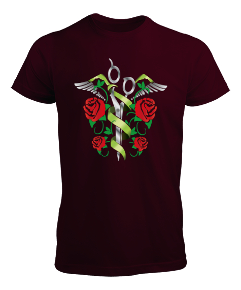 Tisho - Makas ve Güller - Roses Bordo Erkek Tişört