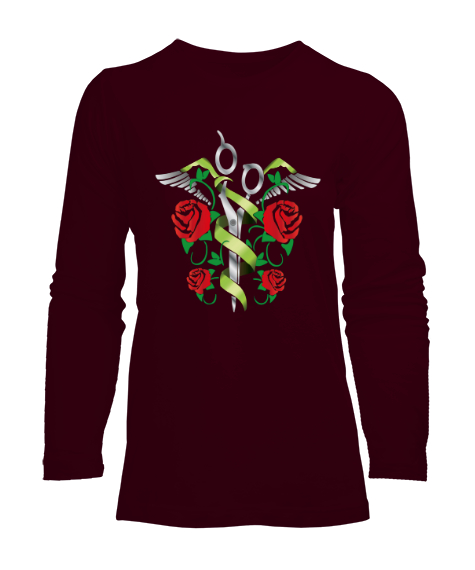 Tisho - Makas ve Güller - Roses Bordo Kadın Uzun Kol Tişört