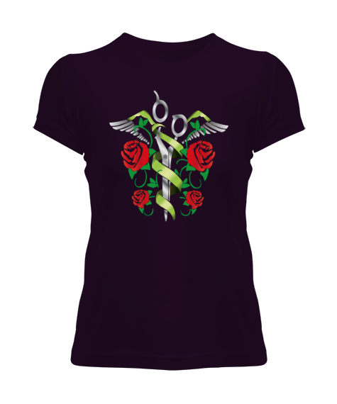 Tisho - Makas ve Güller - Roses Koyu Mor Kadın Tişört