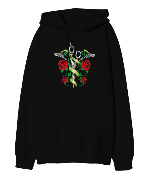 Tisho - Makas ve Güller - Roses Siyah Oversize Unisex Kapüşonlu Sweatshirt