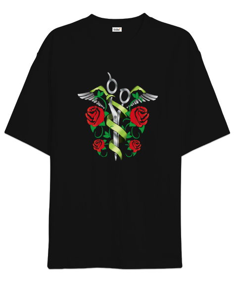 Tisho - Makas ve Güller - Roses Siyah Oversize Unisex Tişört