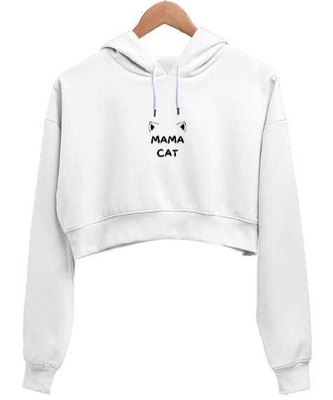 Tisho - Mama Cat Beyaz Kadın Crop Hoodie Kapüşonlu Sweatshirt