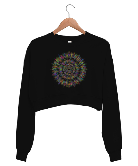 Tisho - Mandala - Renkler - Colorfull Siyah Kadın Crop Sweatshirt