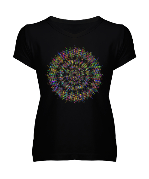 Tisho - Mandala - Renkler - Colorfull Siyah Kadın V Yaka Tişört