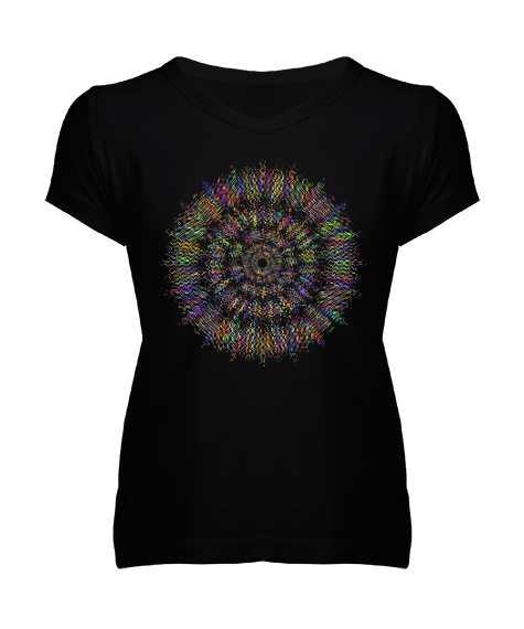 Tisho - Mandala - Renkler - Colorfull Siyah Kadın V Yaka Tişört