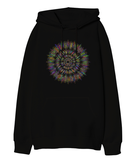 Tisho - Mandala - Renkler - Colorfull Siyah Oversize Unisex Kapüşonlu Sweatshirt