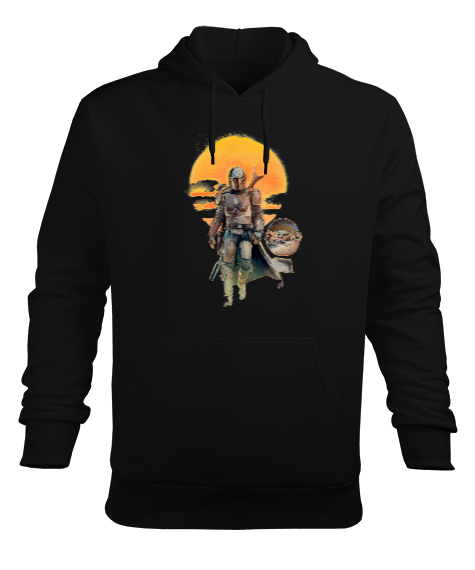 Tisho - Mando ve The Child Günbatımı Tasarımı Siyah Erkek Kapüşonlu Hoodie Sweatshirt