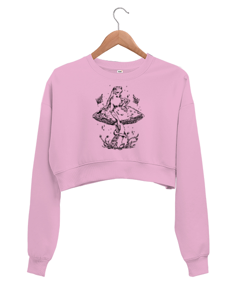Tisho - Mantar Üstünde Kurbağa Pembe Kadın Crop Sweatshirt