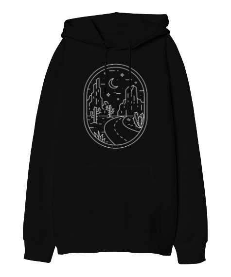 Tisho - Manzara Baskılı Siyah Oversize Unisex Kapüşonlu Sweatshirt
