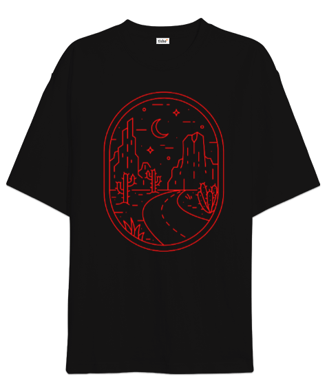 Tisho - Manzara Baskılı Siyah Oversize Unisex Tişört