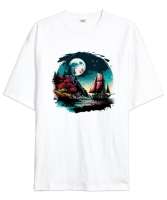 Manzara - Deniz - Yelkenli Beyaz Oversize Unisex Tişört - Tisho