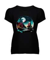 Manzara - Deniz - Yelkenli Siyah Kadın V Yaka Tişört - Tisho