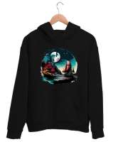 Manzara - Deniz - Yelkenli Siyah Unisex Kapşonlu Sweatshirt - Tisho