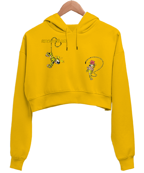 Tisho - Marsupilami baskılı Sarı Kadın Crop Hoodie Kapüşonlu Sweatshirt