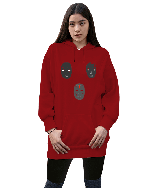 Tisho - Mask Kadın Uzun Hoodie Kapüşonlu Sweatshirt