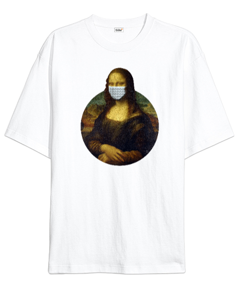 Tisho - Maskeli Mona Lisa - Corona Beyaz Oversize Unisex Tişört