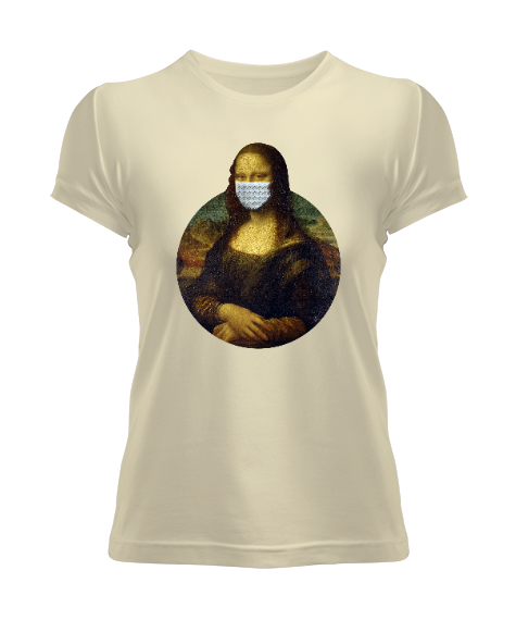 Tisho - Maskeli Mona Lisa - Corona Krem Kadın Tişört