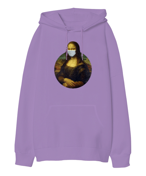 Tisho - Maskeli Mona Lisa - Corona Lila Oversize Unisex Kapüşonlu Sweatshirt