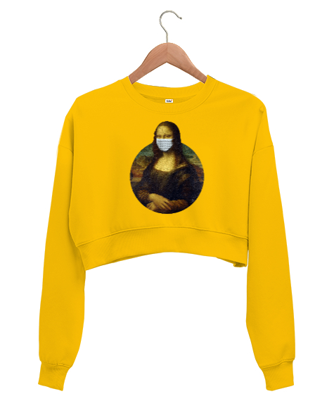 Tisho - Maskeli Mona Lisa - Corona Sarı Kadın Crop Sweatshirt