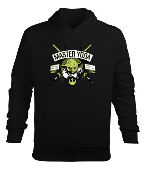 Tisho - Master Yoda Lightsaber Badge Işın Kılıcı Usta Yoda Baskılı Siyah Erkek Kapüşonlu Hoodie Sweatshirt