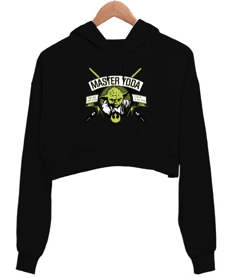 Tisho - Master Yoda Lightsaber Badge Işın Kılıcı Usta Yoda Baskılı Siyah Kadın Crop Hoodie Kapüşonlu Sweatshirt